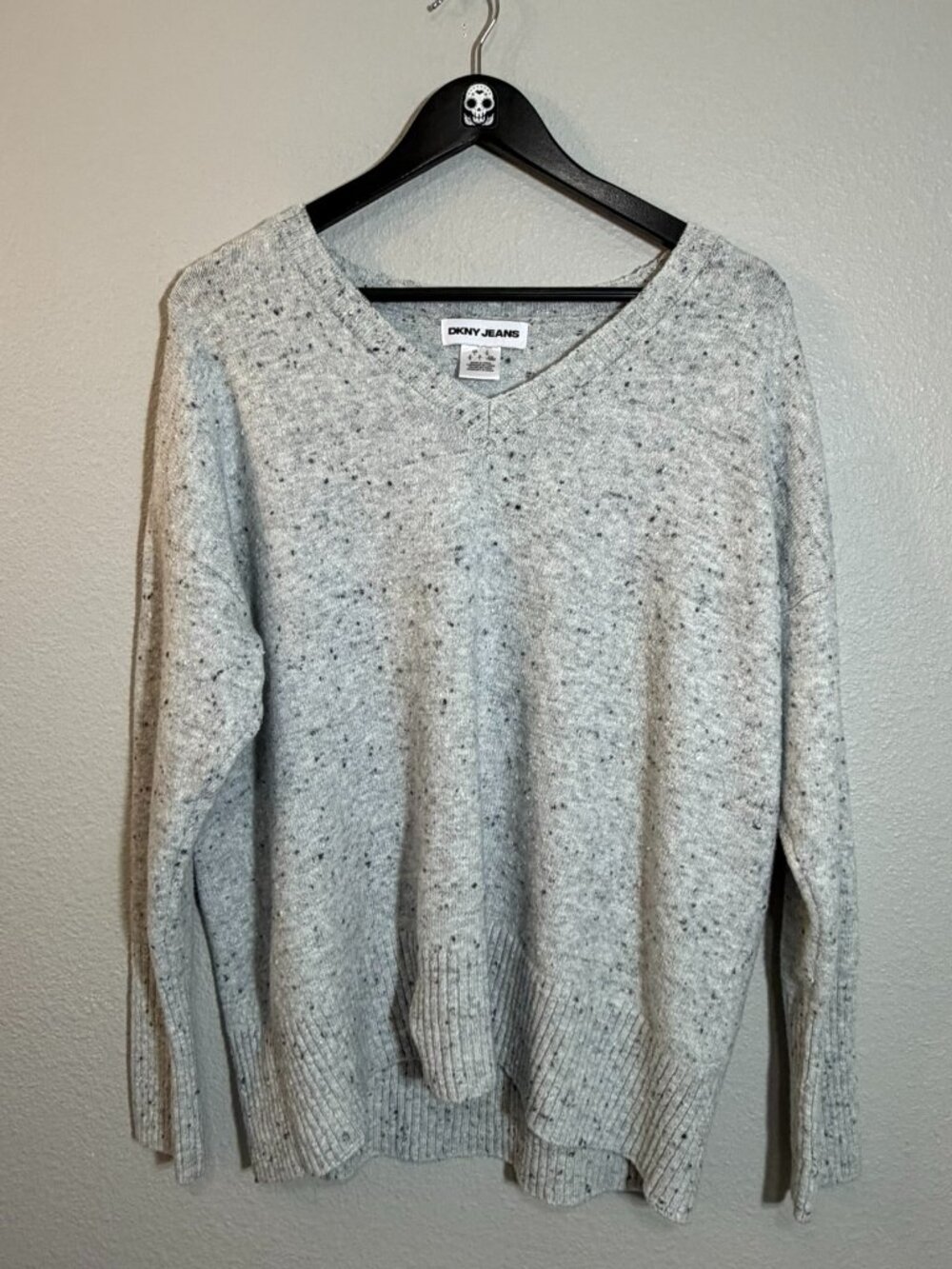 DKNY JEANS Womens L Grey Speckled Knit V-Neck Sweater Oversized Slouchy Long Sle